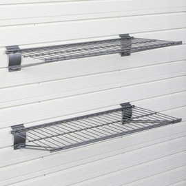 MIDO BROS. Slatwall Wire Metal Shelf Heavy Duty Adjustable Steel Slat Wall Mount Shelves for Garage Storage & Retail Display (24" x 12") Pack of 2 (Silver)