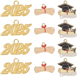 SUNNYCLUE 1 Box of 60 Graduation Charms 2025 Graduate Charms Gold Alloy Metal Student Year Tassel Seal Diploma Charm for Jewellery Making Charms DIY Necklaces Bracelets Earrings Gift