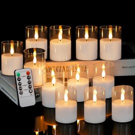 VIODAIM 12Pack Glass Flameless Candles with Remote, Real Wax Small Battery Candles, LED Candles Flickering Electric Candles, Flameless Pillar Candles for Home Wedding Decorations [Clear Glass, 2"X3"]