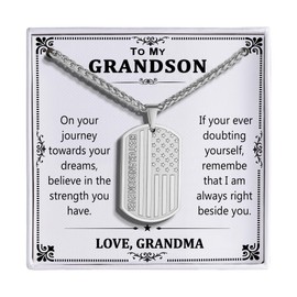 HEYOLL Grandson Gifts from Grandma, To My Grandson Dog Tag Necklace Best Grandson Ever American Flag Pendant Jewelry Presents Valentines Birthday Christmas Father's Day Gifts for Teenage Boys Silver