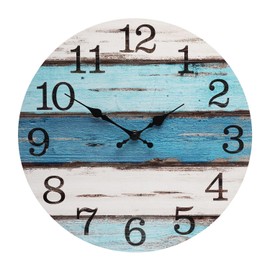 bakbrand Wall Clock 12 Inch Imitation Wood Silent Non-Ticking Indoor Clock Round Blue and White Decor Clock Rustic Minimalist Battery Operated Wall Clocks for Farmhouse, Office, Bedroom, Living Room
