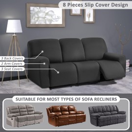 ULTICOR Squared Jacquard Design 8-Pieces Recliner Sofa Covers Stretch Reclining Couch Covers for 3 Cushion Reclining Sofa Slipcovers Thick Soft Washable (3 Seater Recliner Cover, Black)
