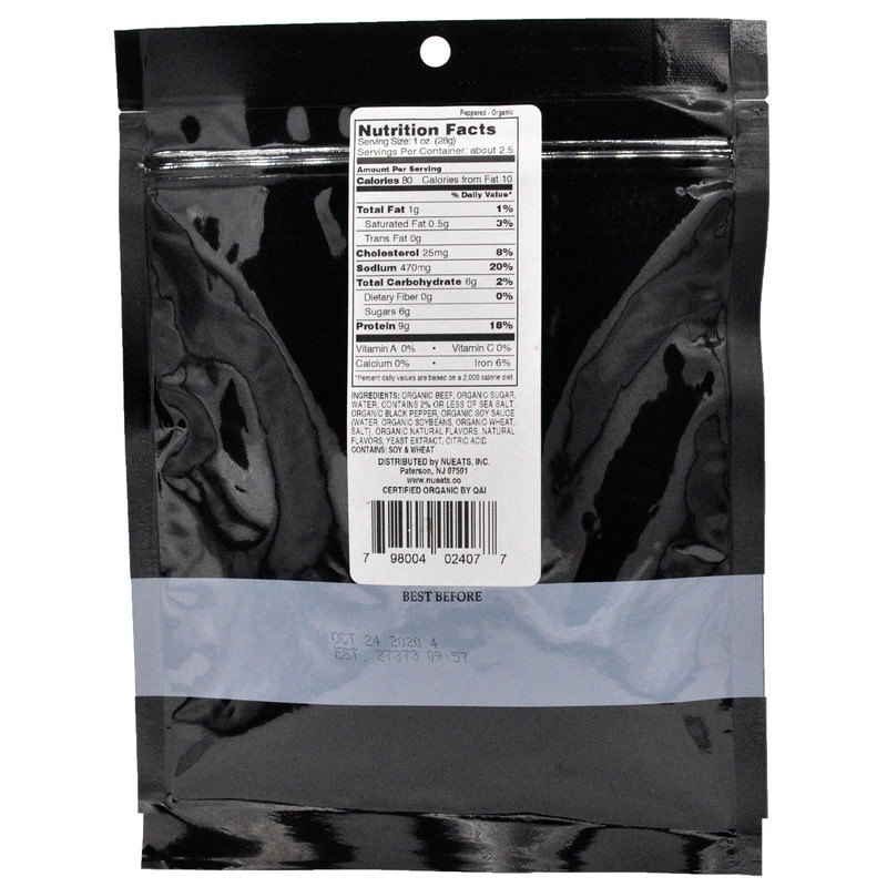 Organic Beef Jerky, 100% Grass-Fed, Peppered Flavor, 2.25 Ounce