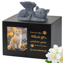 DiDiBirDi Pet Urn for Cat Ashe, Black Wooden Keepsake for Hair, Memory Box with Resin Animal Statue and Sealed Storage Bags (75lbs)