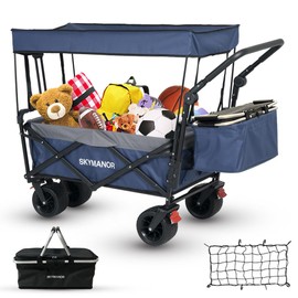 SKYMANOR Collapsible Garden Cart with Removable Canopy, 3-in-1 Utility Heavy Duty Wagon Cart with All-Terrain Wheels, Brake, Adjustable Handle, Seat Belt, 300LBS Folding Wagon for Camping (Blue)