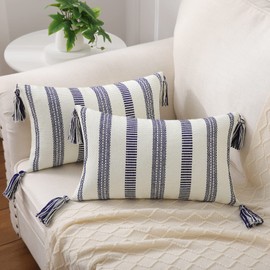 Smile Bee Boho Outdoor Throw Pillow Covers Set of 2, Decorative Lumbar Striped Pillow Covers with Tassels for Couch Bed Sofa, 12x20 Inch, Navy Blue and Cream White