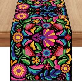 Jiudungs Linen Mexican Fiesta Table Runner 120 Inches Long Cinco De Mayo Tablecloth Dia De Los Muertos Decor Day of The Dead Decorations and Supplies for Home
