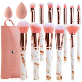 Marble Makeup Brushes Set 12 PCS with 2 Blending Sponges & Travel Pouch - Professional Pink Makeup Brush Kit Cruelty-Free Synthetic Brushes for Foundation Concealer Eyeshadow Blush