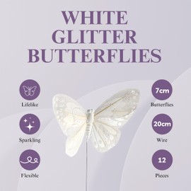 7cm White Glitter Decorative Butterflies x 12 Wired