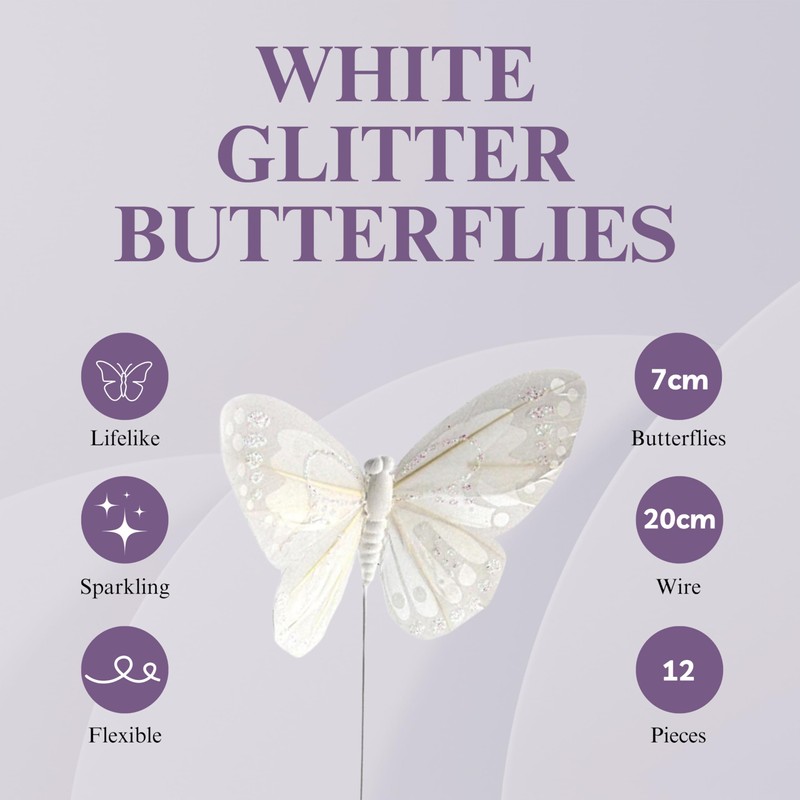7cm White Glitter Decorative Butterflies x 12 Wired