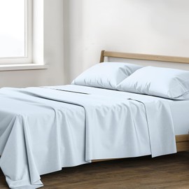 XOOX Linen 100% Egyptian Cotton Sheets King Size - 1200 Thread Count King Size Sheets Set Egyptian Cotton, 4 PC Luxury Bedsheet (Light Blue), Soft, Cooling, 17" Deep Pocket Sateen Weave Bedsheet Set