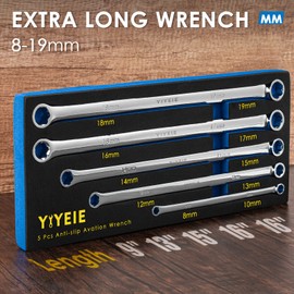 YIYEIE 5-Piece Extra Long Box End Wrench Set, Metric 8mm-19mm, 6 Point Extended Bolt Extractor Wrench, CR-V Labor-Saving Aviation Spanner with EVA Foam