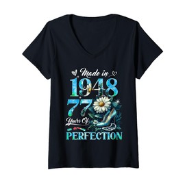 Womens Womens 77th Birthday Floral Made in 1948 Gifts 77 Years Old V-Neck T-Shirt