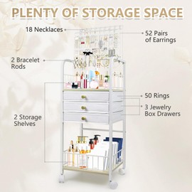 GeeWin Jewelry Organizer, Jewelry Holder Organizer with 3 Jewelry Box Drawer, Jewelry Organizer Stand Storage for Earring Necklace Ring Bracelet Watch, Jewelry Display for Gifts & Room Decor(White)