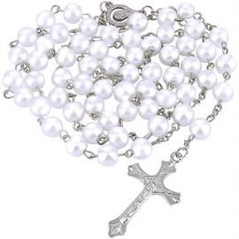Kuesn 8mm Pearl Rosary Beads Catholic Necklace Glass Beads Necklace with Crucifix Charms Long Rosary Beads Necklace Prayer Beads Catholic Rosary Necklace for Women Gifts (White)