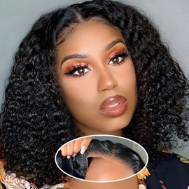 RMOARIWR Bob Wig Human Hair 180% Density 4x4 HD Transparent Lace Front Wigs Human Hair Pre Plucked Short Bob Glueless Water Wave Wigs Human Hair for Women Natural Black 10 Inch