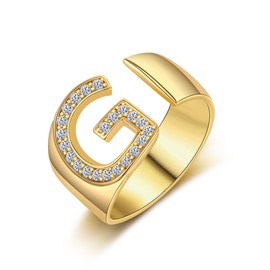 KAERUN 18k Gold Plated Adjustable Initial Ring for Women Cubic Zirconia Chunky Gold Stackable Letter Ring Women's Statement Open Rings A-Z Initials Engraved Signet Alphabet Rings