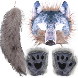 Valpeak Unleash Your Inner Wolf with Our Therian Wolf Mask, Tail, and Paw Set(Wolf three-piece set), Gray