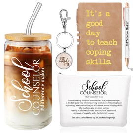 Sunnychic 5 Pcs School Counselor Appreciation Gifts 16oz Glass Cup Makeup Bag Leather Notebook Pen Keychain Back to School Gift for Mental Health Teacher Educator Psychologist Therapist(Brown)