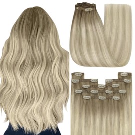 YoungSee Clip in Human Hair Extensions Ombre Blonde Clip Hair Extensions Human Hair Ombre Ash Blonde to Platinum Blonde Clip in Hair Extensions Full Head Balayage Clip Extensions 16 inch 7pcs 120g