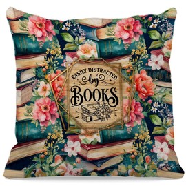 OFlich Book Lovers Gifts, Bookworm Gifts, Book Nerd Gifts, Easily Distracted by Books Pillow Covers 18x18, Gifts for Readers Book Lovers Women, Bookish Decor, Retro Floral Book Pillow Covers