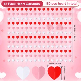 Epakh 15 Pcs Valentine's Day Red Pink Heart Garland Banners 180 Hearts Valentines Hanging String Heart Party Decorations No DIY Decor for Wedding Proposal Engagement Party Supplies(Mix Color)