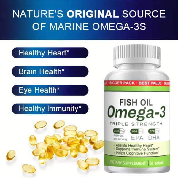Branded Triple Strength Omega 3 Fish Oil 2400 mg Supplement,