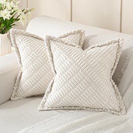 Volcanics Christmas Decorative Cream White Throw Pillow Covers 50x50cm (20x20) Set of 2, Soft Splicing Corduroy Broadside Twill Cushion Covers, Modern Farmhouse Boho Decor