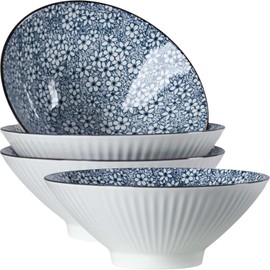 Dyware 38 oz Japanese Ramen Bowls Set of 4, Large Pho Bowls, 8 Inch Ceramic Blue and White Soup Bowls, Floral Pattern
