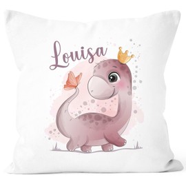 SpecialMe® Cushion Cover Children's Dinosaur Butterfly Tie Motif with Name of Choice Name Cushion Children Baby Girls White Standard