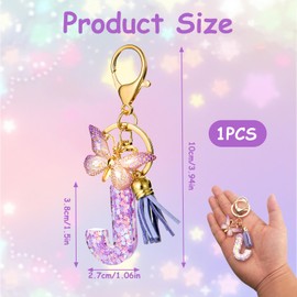 ORUZA Alphabet Initial Letter Keychain, Purple Initial Letter Keyring with Butterfly Tassel Pendant Resin Letter Key Ring for Women Wallet Purses Letter J