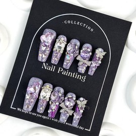 100% Handmade Press on Nails Diamond Long Coffin Fake Nails Purple Glitter False Nails with Rhinestone Design Silver Butterfly Nail Charms Glue on Nails Handmade Nail Press ons for Women Size L