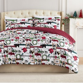 Southshore Fine Living, Inc. Full/Queen Size Christmas Comforter Set with 2 Pillow Shams, Reversible Red Christmas Bedding Set with 2 Patterns, Queen/Full Comforter - Red Plaid Cabin Print