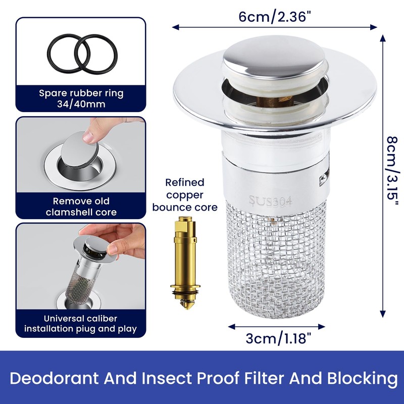 wadafen Pack of 2 Sink Plugs for 34-40 mm Drain
