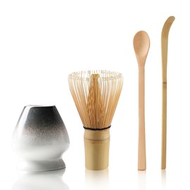 Matcha Tea Set with Whisk and Spoon, Matcha Whisk Kit with Ceramic Whisk Holder Scoop Matcha Ceremony Accessory Set Matcha Gift Set(Black-White)