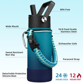 BJPKPK Water Bottle with Straw Lid, 18oz Insulated Water Bottles with 3 Lids, Paracord Handle & Non-slip Boot, Metal Stainless Steel Thermos, BPA Free Leak Proof Cups, Tumblers,Vast