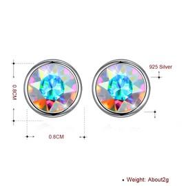 Josfeva 925 Silver Stud Earrings, 8 mm, Blue, Green, Pink, Black, Aurore Boreale, Purple, Red, White, Tiny Round Women's Stud Earrings, Small Sleeper Cluster with Crystal, Earrings with Gift Box,