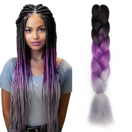 Ombre 4 Tones Braiding Hair Extensions Jumbo Braids Hair Extension Jumbo Braiding for Twist Braiding 24",1 Bundles - Black to Purple to Silver Grey
