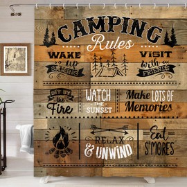 Rustic Farmhouse Camper RV Shower Curtain, Farmhouse Rustic Cabin Rules Shower Curtain for Trailer, Vintage Camping Outdoor Retro Rustic Wooden Fabric Stall Shower Curtain Set with Hooks, 47X64IN