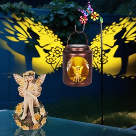 Solar Lanterns Outdoor Waterproof Metal Fairy Patterns with Resin Fairy Inside Garden Decor Gifts for Women Mom Grandma Hanging Solar Lights Decoration Outside for Yard, Patio, Backyard, Porch