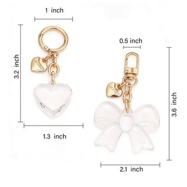 AUMEY Clear Transparent Bow & Heart Purse Charms 2 Pack, Smooth Scratch Resistant Acrylic Keychain with Lobster Clasp, Versatile Handbag Backpack Luggage Zipper Ornament Cute Fashion Gift for Ladies Gold Plated Hardware