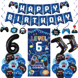 Vlipoeasn Blue 6th Birthday Decorations for Boys, Video Game Level 6 Banner Backdrop Hanging Swirls for 6th Birthday Party, Gamer 6 Years Old Party Supplies