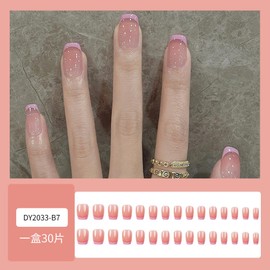 CEWEWP Pink French tip Press on Nails Short Square Fake Nails with Design Glue on Nails Nude Stick on Nails Glossy Spring Nails Acrylic Summer False Nails for Women Girls Manicure 30 Pcs