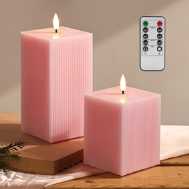 Girimax Pink Flameless Candles with Remote, Square Ribbed LED Candles Set of 2, Flickering Battery Powered Real Wax Φ 3" H 4" 6"