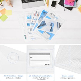 Donken Document Folder A4, Pack of 20 Document Wallets A4 Filing, Folders A4 with 11 Hole Edge, Velcro Closure and Label Pocket, Waterproof Portfolio Folder for Documents Organisation