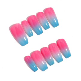 MERVF Coffin Press on Nails Long Fake Nails Light Blue Pink Ombre French Glue ons Nail Solid Color Design Acrylic Ballerina Summer Manicure Glossy 24pcs