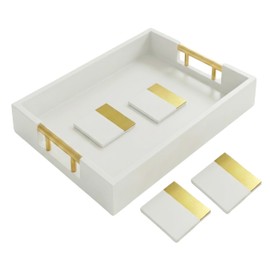 Wood Serving Tray with Gold Polished Metal Handles, Home Decorative Wooden Rectangle Ottoman Decor Platter Bathroom Vanity Tray for All Occasions, Gloss Finish, 16"x12", White