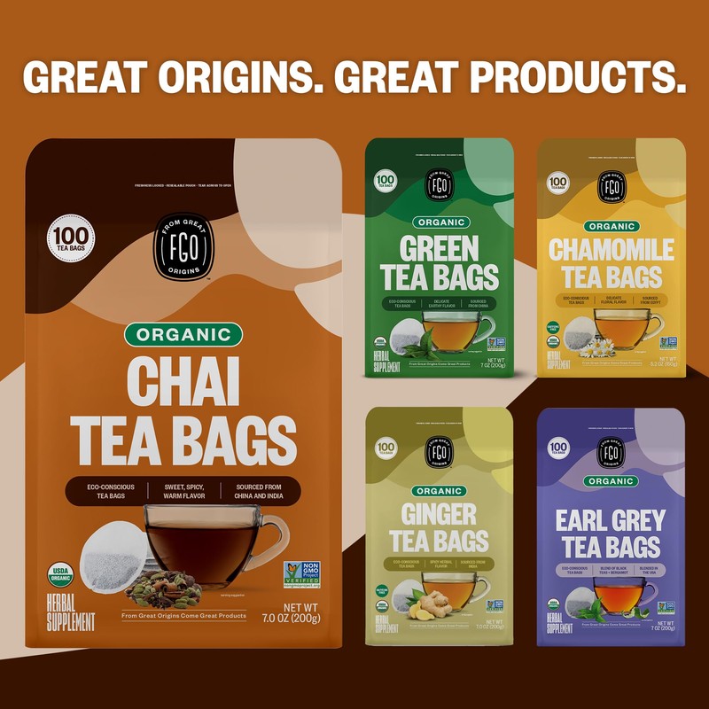 FGO Organic Chai Tea, 100 Count, Eco-Conscious Tea Bags, Resealable