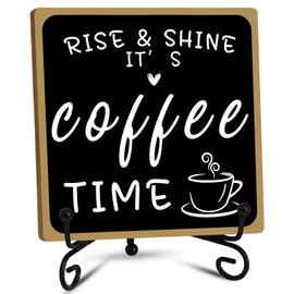 Wooden Coffee Bar Sign Coffee Bar Decor, Coffee Bar Decorations Black and White with Iron Stand Bar Tabletop Shelf Accessories, Coffee Signs Decors for Coffee Station Home Farmhouse Kitchen & Office