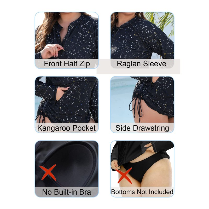 Halcurt Plus Size Rash Guard for Women UPF 50+ Zip